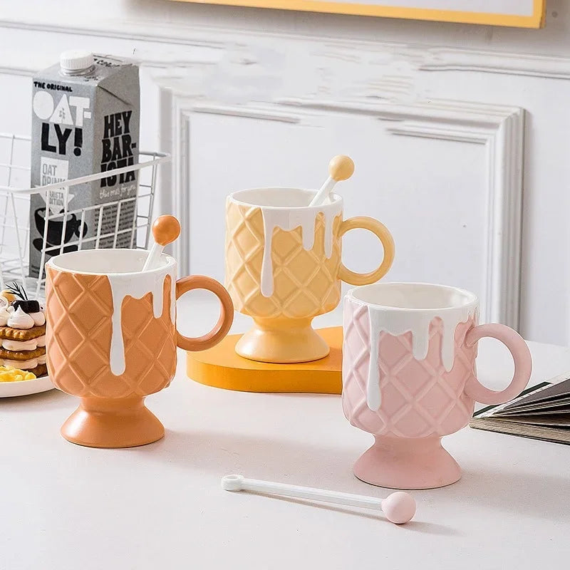 Axyaa Ceramic Ice Cream Coffee Cup with Spoon, High Beauty Milk Cup