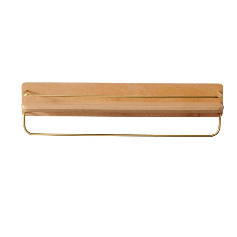 Wooden Brass Hook Towel Rack Wall Shelf for Bathroom Storage by Axya