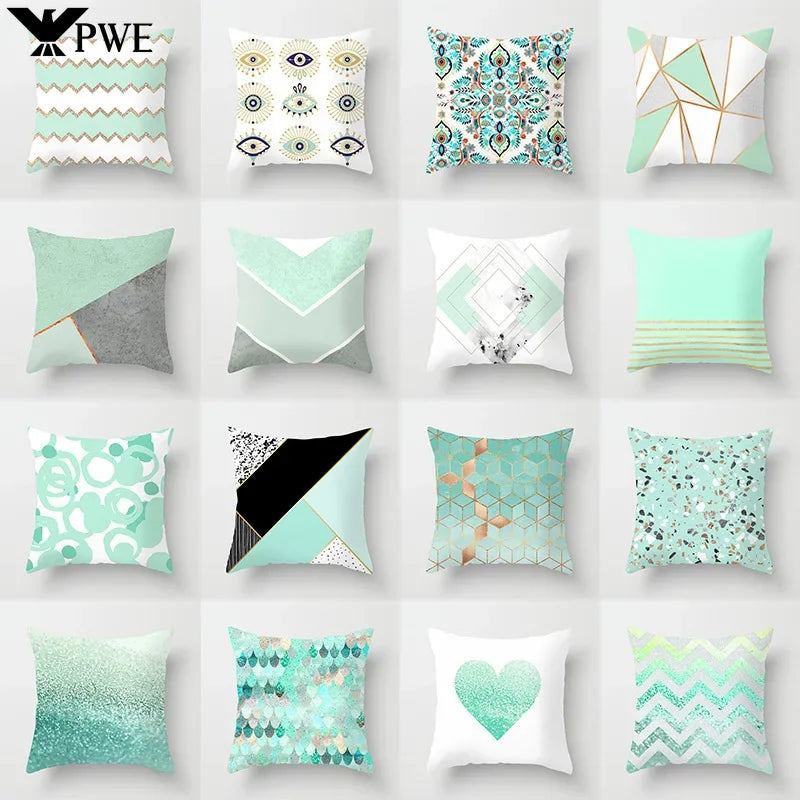 Light Blue Green Mint Geometric Print Boho Pillowcase Set by Axyaa