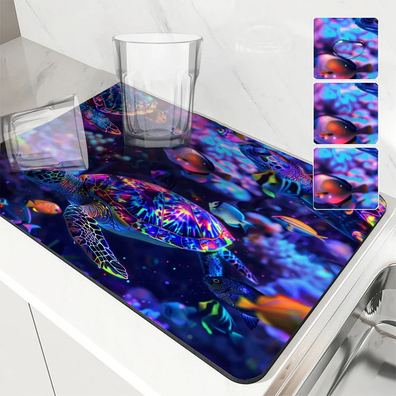 Axyaa Sea Fish Colorful Absorbent Kitchen Draining Mat