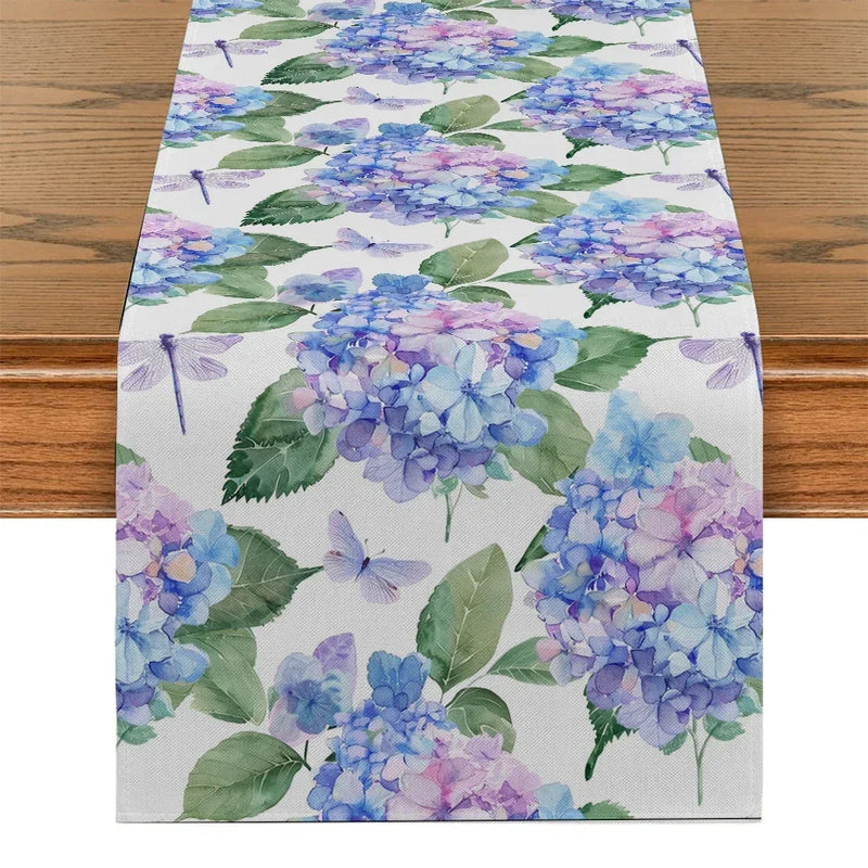 Hydrangea Dragonfly Butterfly Table Runner by Axyaa for Kitchen Dining Living Room