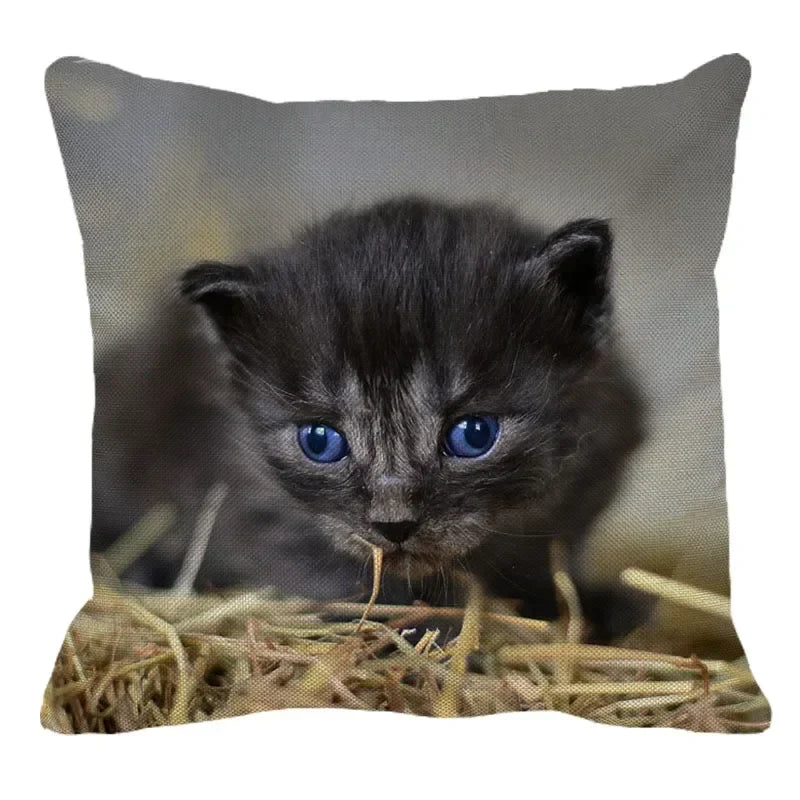 Axyaa Cat Print Linen Throw Pillowcase 45X45CM