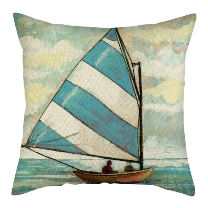Marine Ship Print Linen Pillow Cover for Home Sofa Decor Axyaa