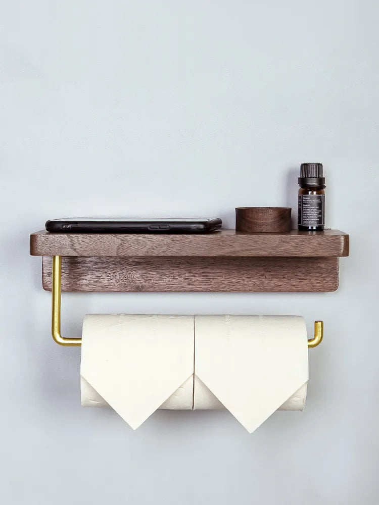 Axya Wooden Toilet Roll Holder with Metal Hook for Bathroom Storage