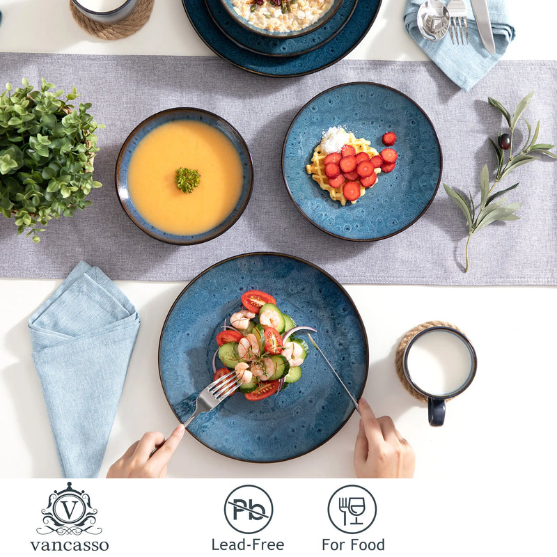 Axya Vintage Ceramic Stoneware Tableware Set - Blue/Brown, 16/32/48-Piece
