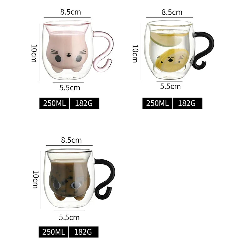 Axya 250ml Cartoon Cat Double Wall Glass Coffee Tea Cup Heat-resistant Mug