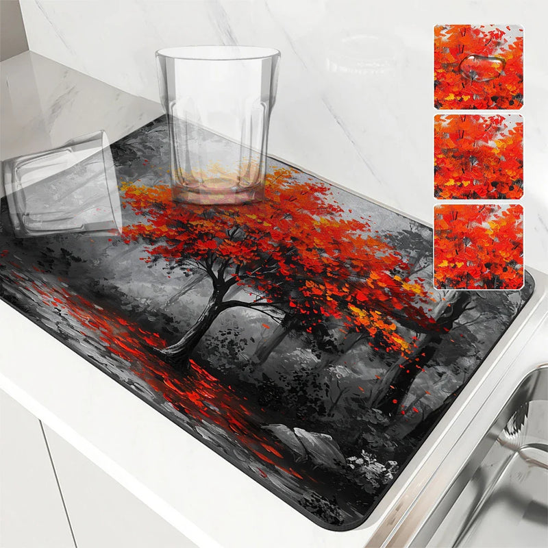Axyaa Autumn Scenery Drain Pad: Absorbent & Anti-slip Dry Mat for Dishes & Cups