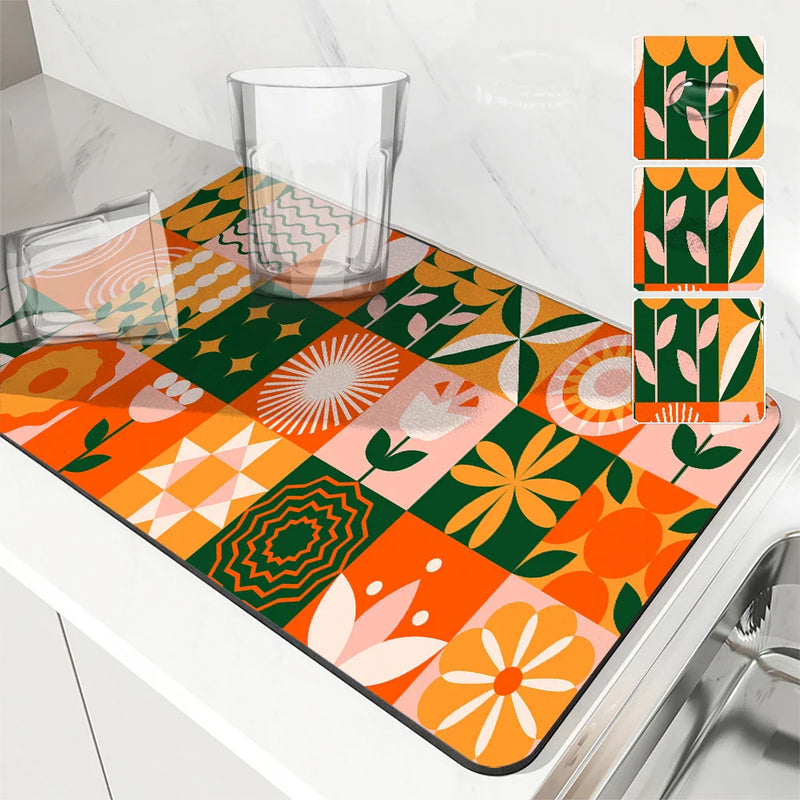 Axyaa Coffee Mat: Quick Dry Kitchen Drying Mat for Draining, Flowers Fruits Design
