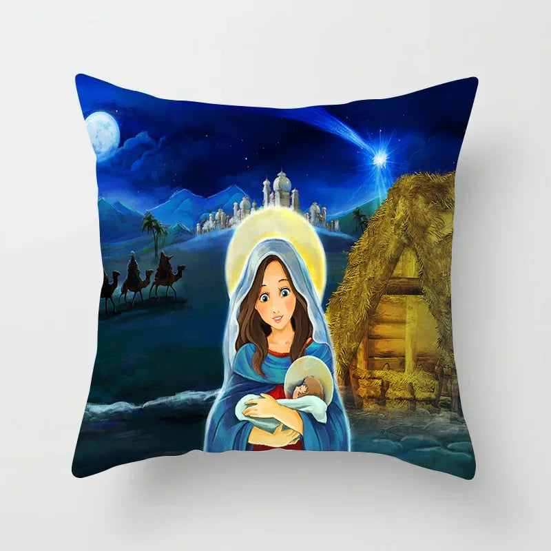 Retro Oil Painting Christmas Pillowcase - Axyaa Nativity Cushions Case Jesus Christ Print Throw Pillows Case