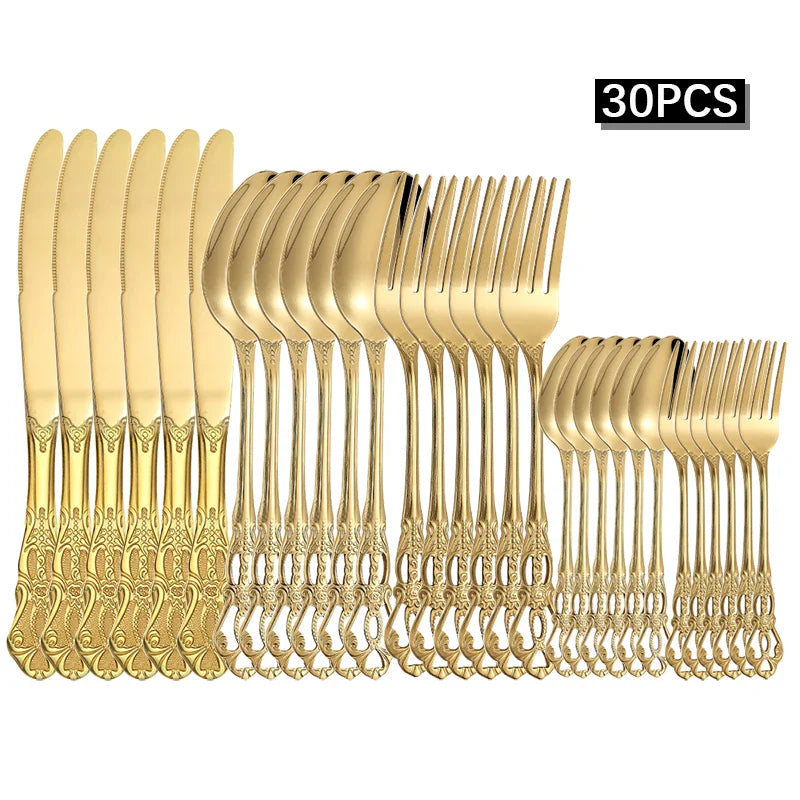 Axyaa Gold Embossed Stainless Steel Tableware Set, Steak Knife, Fork, Spoon, Dessert Fork