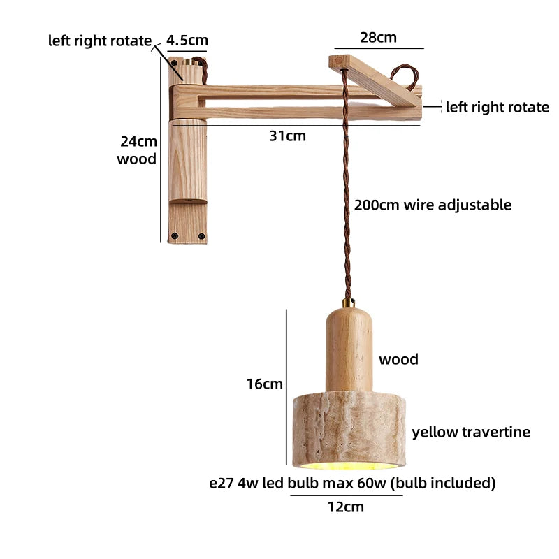Axyaa Nordic LED Wall Sconce Yellow Travertine Stone Wood Handle Stair Light