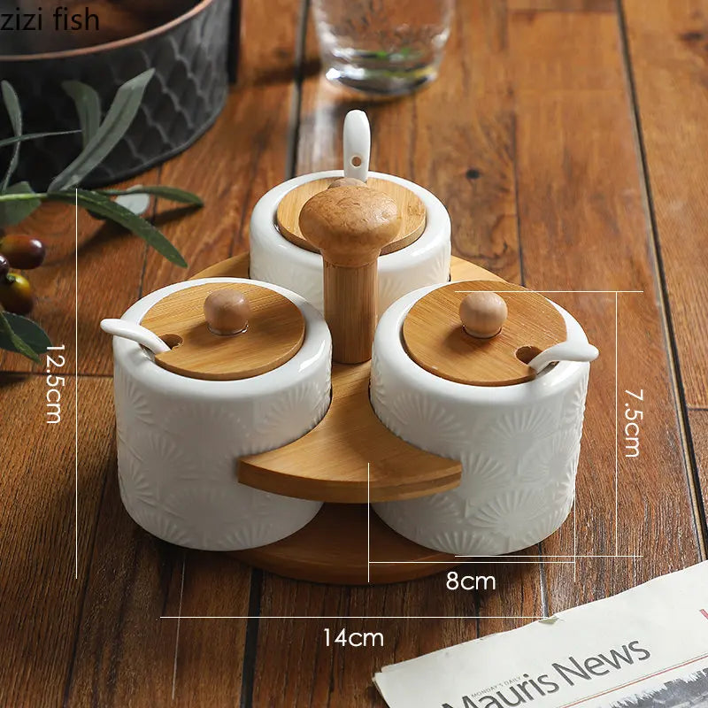 Axya Ceramic Spice Jars Set with Wooden Stand - 3-Piece Kitchen Seasoning Box