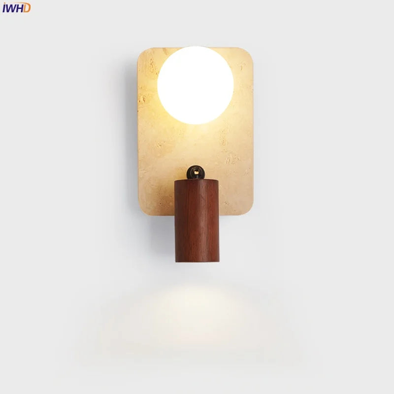 Axyaa Mid Century LED Wall Lamp Yellow Travertine Wood Light for Living Room