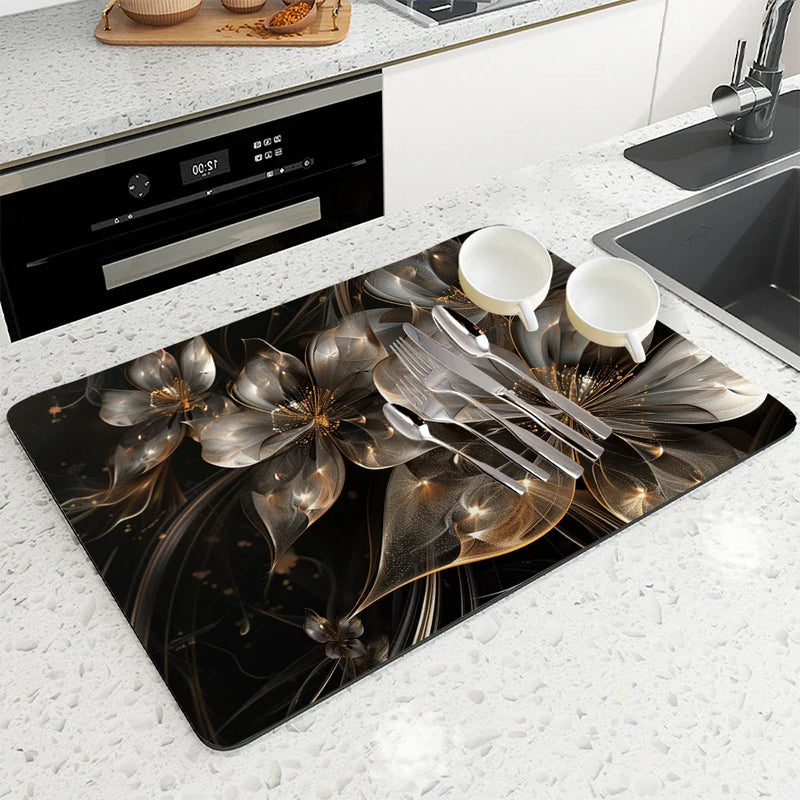 Floral Lines Translucent Flowers Non-Slip Drying Mat for Kitchen Counter by Axyaa