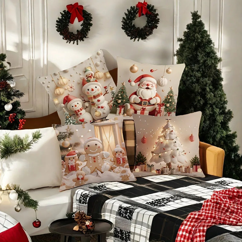 Axyaa Christmas Pillow Cover Set for Home Sofa Decor - Santa Claus & Snowman Theme