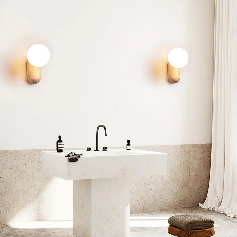 Axyaa White Glass Ball LED Wall Light Yellow Travertine Stone Luxury Decor