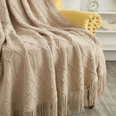 Axyaa Khaki Tassel Knit Blanket - Cozy Nordic Sofa Office Cover & Bed Throw