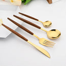Axyaa 16Pcs Brown Gold Stainless Steel Dinnerware Set with Wooden Handle