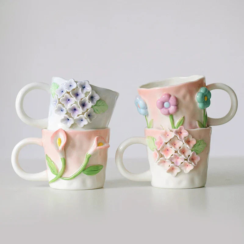 Axya 3D Flower Ceramic Mug, French Breakfast Cup, Girl Gift, Drinking Set