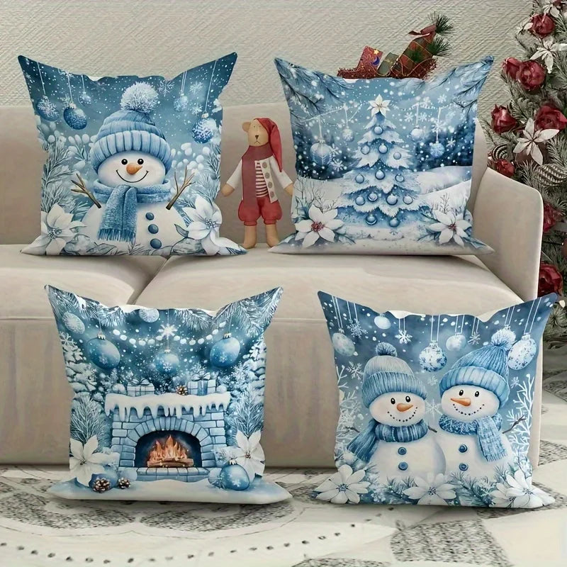 Axyaa Winter Christmas Pillow Cover - Festive Snowman, Tree, Fireplace Design in Blue