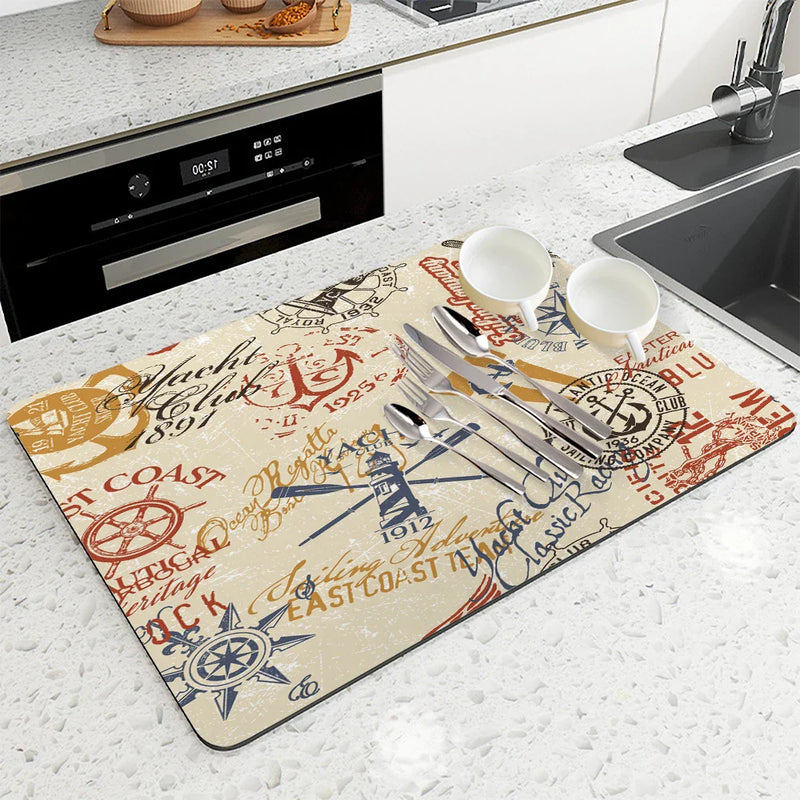 Axyaa Nautical Retro Coffee Mat - Absorbent Rubber Backed Drying Mat