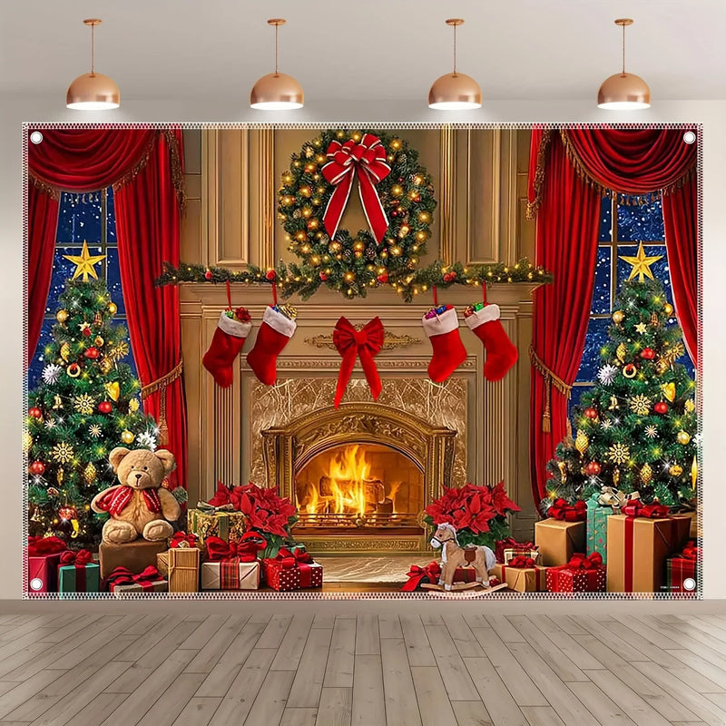 Axyaa Christmas Party Decor Tapestry: Stove, Tree, Gift Box Design for Indoors & Outdoors