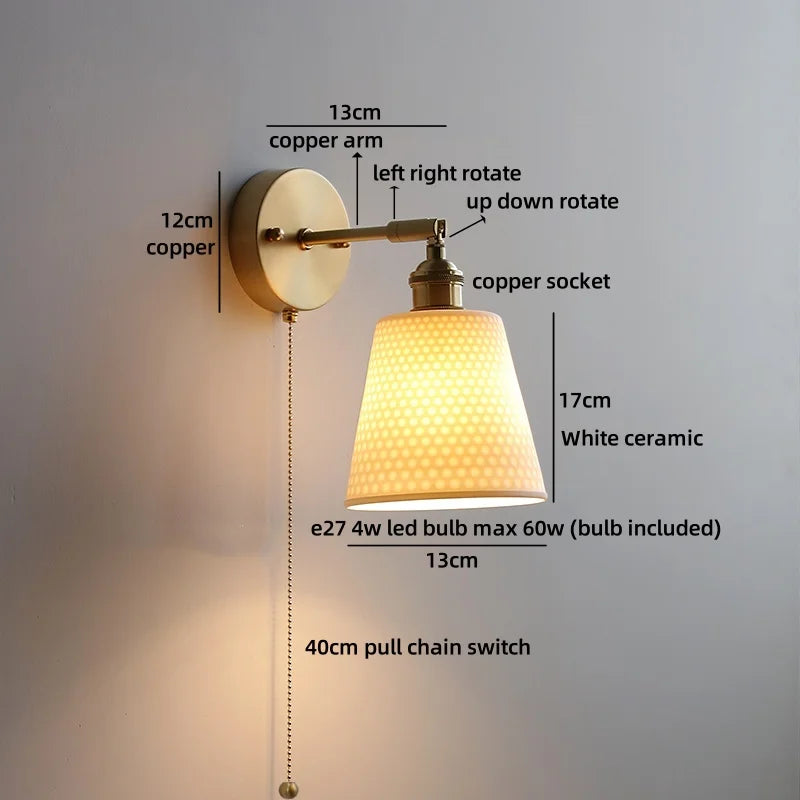 Axyaa Ceramic LED Wall Lamp: Japan Style Gold Brass Arm, Up Down Rotate