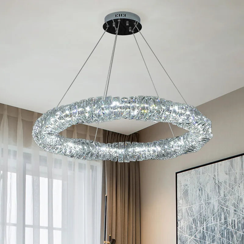 Axyaa Luxury Crystal Pendant Chandelier Dimmable Round LED Living Room Lamp