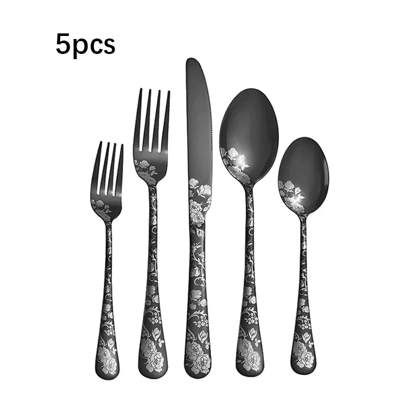 Axyaa 5pcs/20pcs Printed Stainless Steel Tableware Knife Fork Spoon Hotel Steak Set