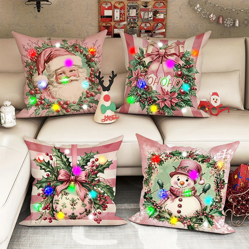 Axyaa LED Light Luminous Pillowcase with Garland Santa Claus Snowman Pattern