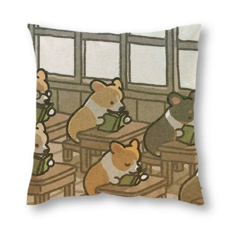 Axyaa Corgi Daily Life Linen Pillow Cover 45*45cm