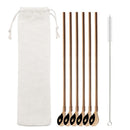 Axyaa Twisted Straw Spoon Set: 6pcs Reusable Stainless Steel Straws, Gold Tea Scoop, Black Dinnerware