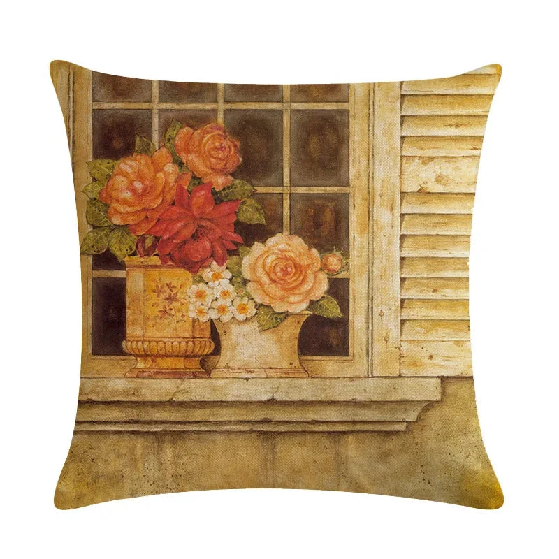 Axyaa Retro Flower Oil Painting Linen Pillowcase 45*45cm
