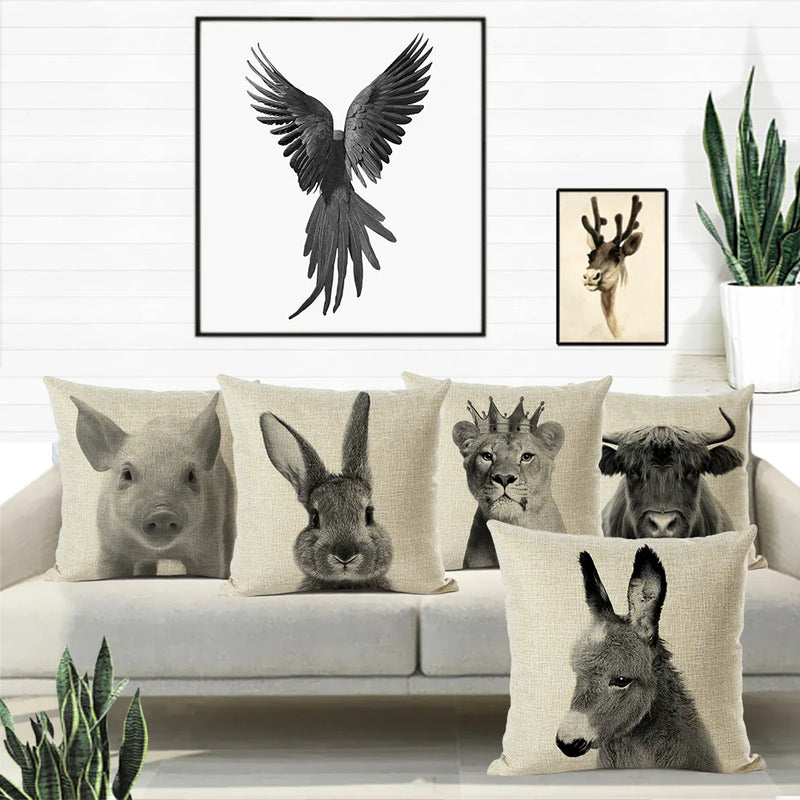 Axyaa African Animal Linen Pillow Cover 45x45cm - Lion, Elephant, Elk Portrait Decor