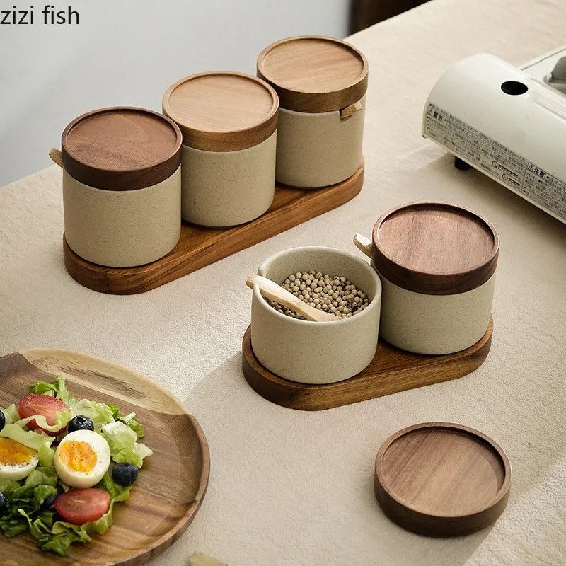Axya Ceramic Spice Jar Set with Wooden Cover for Kitchen Seasoning