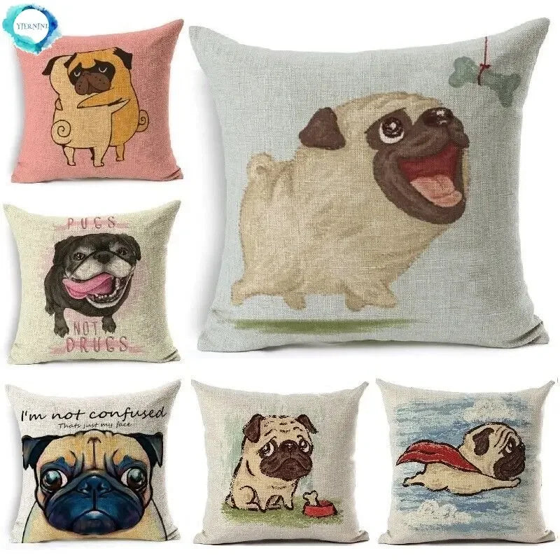 Square Linen Pug French Bulldog Pillow Cover by Axyaa