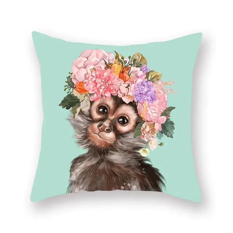 Floral Animal Painting Pillowcase Pink Cat Dog Llama Sofa Cushion Cover Home Decor