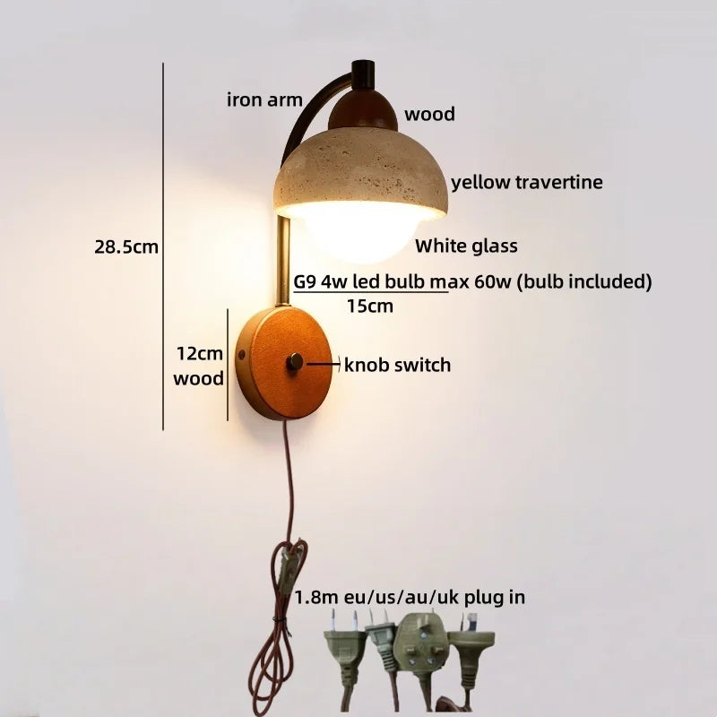Axyaa LED Wall Lights Bathroom Decor Pull Chain Switch Black Iron Yellow Travertine