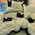 Axyaa Green Stripe Black Cat Embroidery Cotton Duvet Cover Set