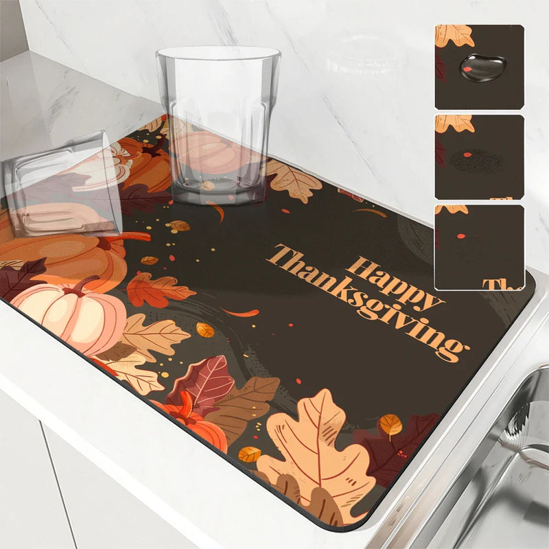Thanksgiving Drying Mat by Axyaa: Absorbent Placemat for Table Cup Drying - Anti-Slip Décor Accessory