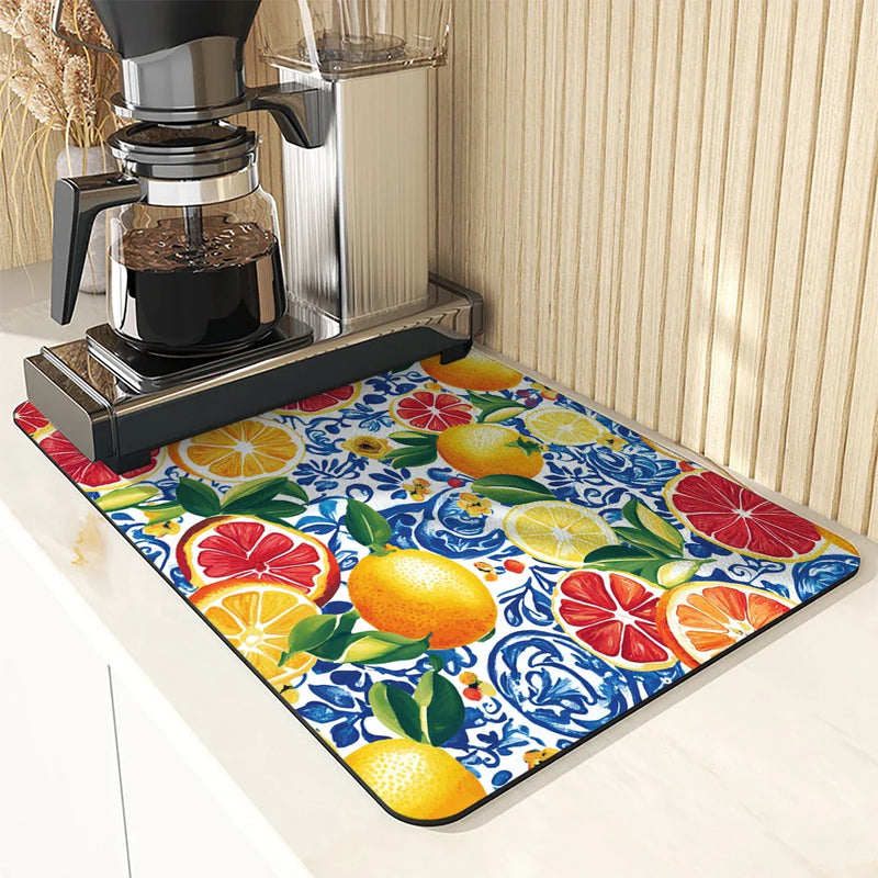 Axyaa Plant Leaf Lemon Kitchen Drying Mat - Quick Dry Absorbent Draining Pad
