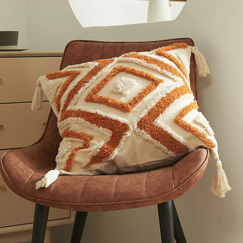 Axyaa Geometric Tufted Tassel Cotton Cushion Cover for Retro Bohemia Decor