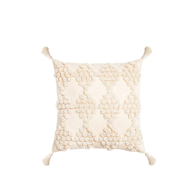 Axyaa Tufted Diamond Pattern Cushion Cover - Nordic Style Beige Yellow Tassel Pillowcase
