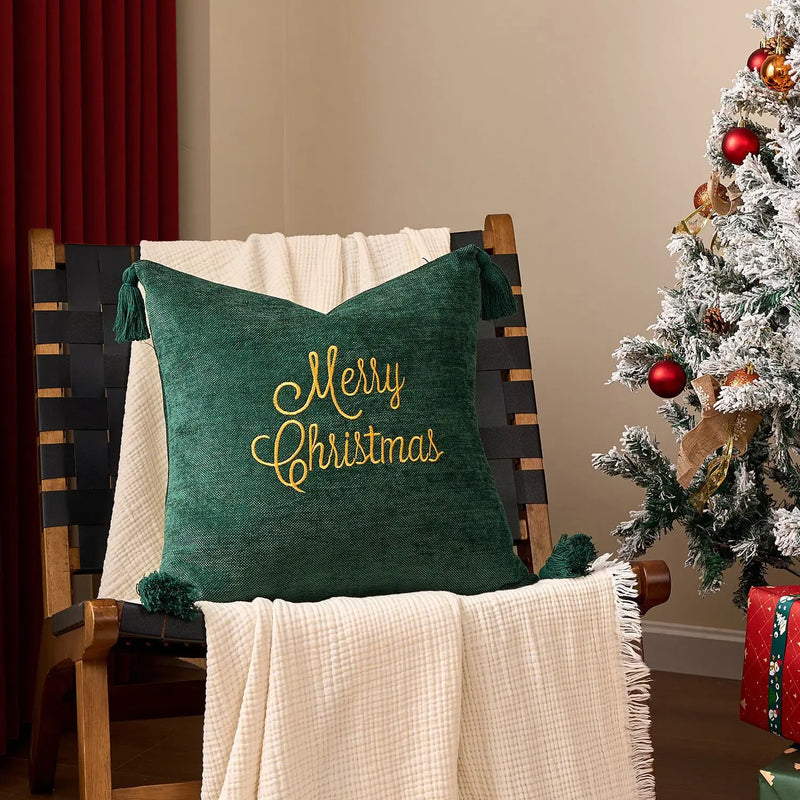 Axyaa Christmas Tree Bell Cushion Cover - Green Red Snowflakes, Pompom Balls Embroidery
