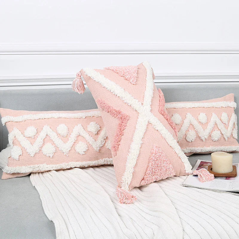 Bohemian Pink Geometric Tassel Throw Pillow Cover for Living Room Sofa by Axyaa