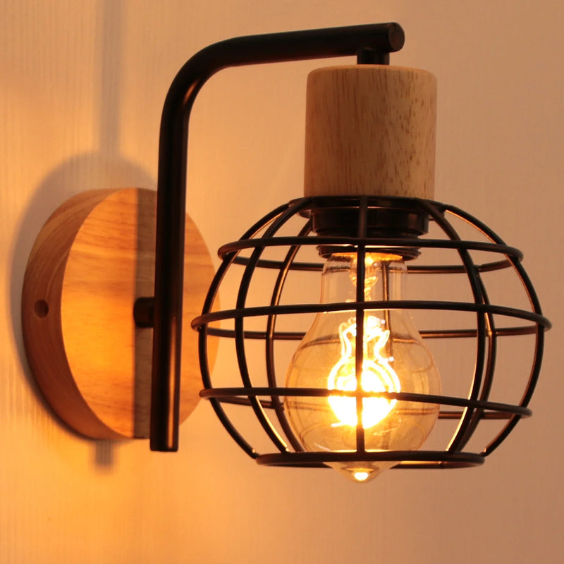Iron Wood Wall Lamp Shade E27 for Bedroom Living Room by Axyaa
