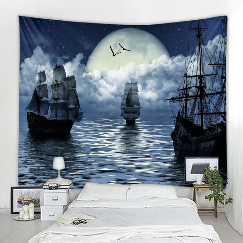Axyaa Pirate Ship Tapestry - Sailing Seascape Decor for Boho Bedroom Aesthetics
