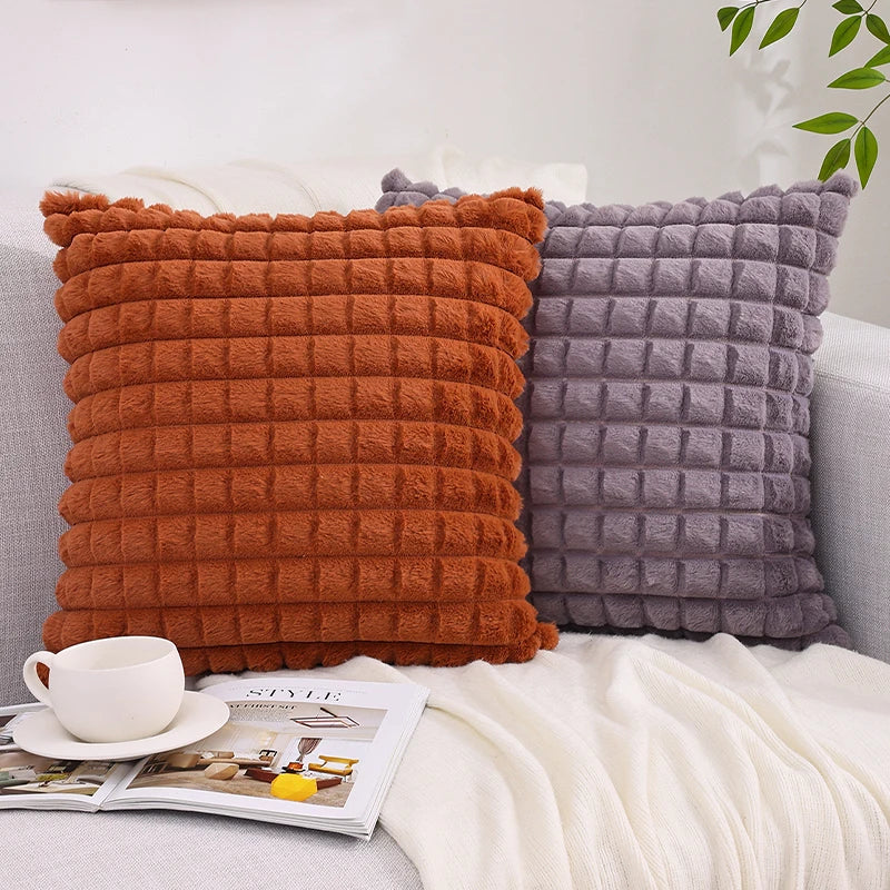 Axyaa Faux Rabbit Fur Plaid Throw Pillow Covers Soft Fluffy Home Decor Case