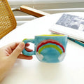 Axyaa Ceramic Espresso Coffee Cup Hand Drawing Underglaze Small Flower Rainbow Grid Mug