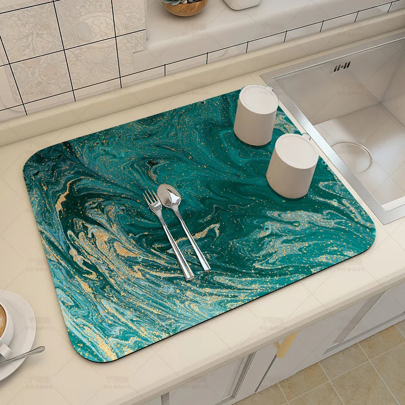 Axyaa Blue-Green Oil Painting Abstract Kitchen Placemat - Non-Slip & Super Absorbent